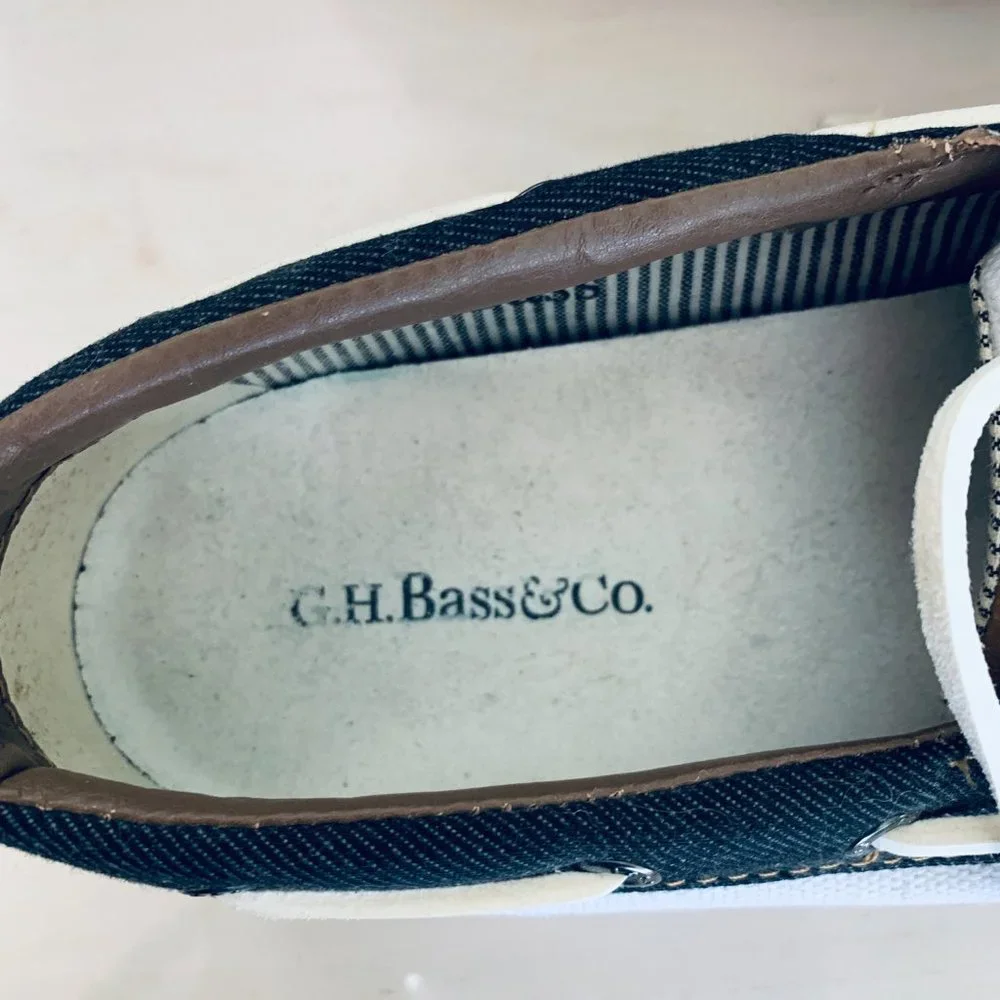 Men’s G H Bass & Co Deck Shoes Delightful Navy, Tans White Blue Ticking Lining